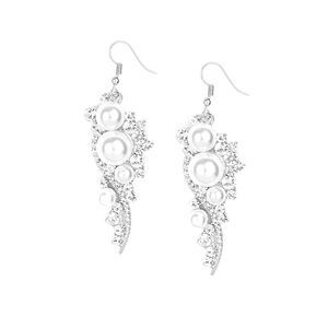 Faux Cabochon Pearl & Rhinestone Encrusted Statement Earrings Silver Tone OSFM